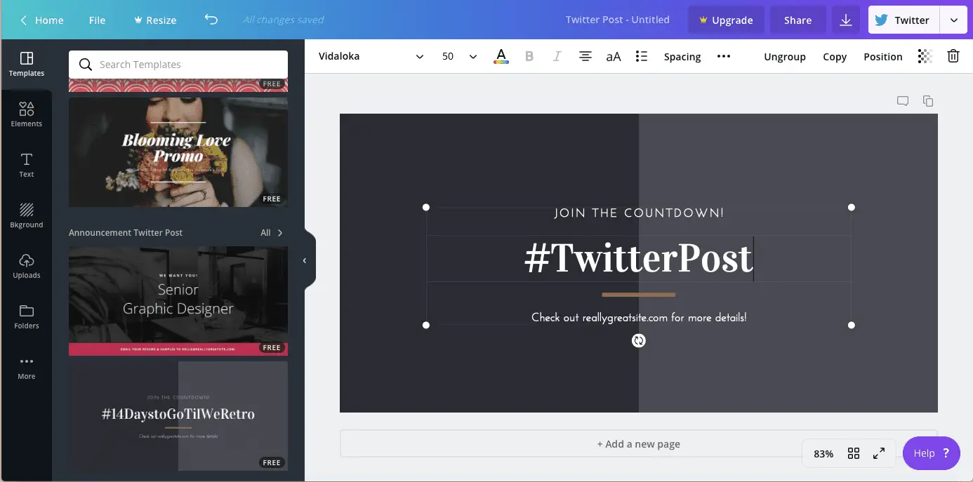 Een Twitter-bericht op Canva op desktop