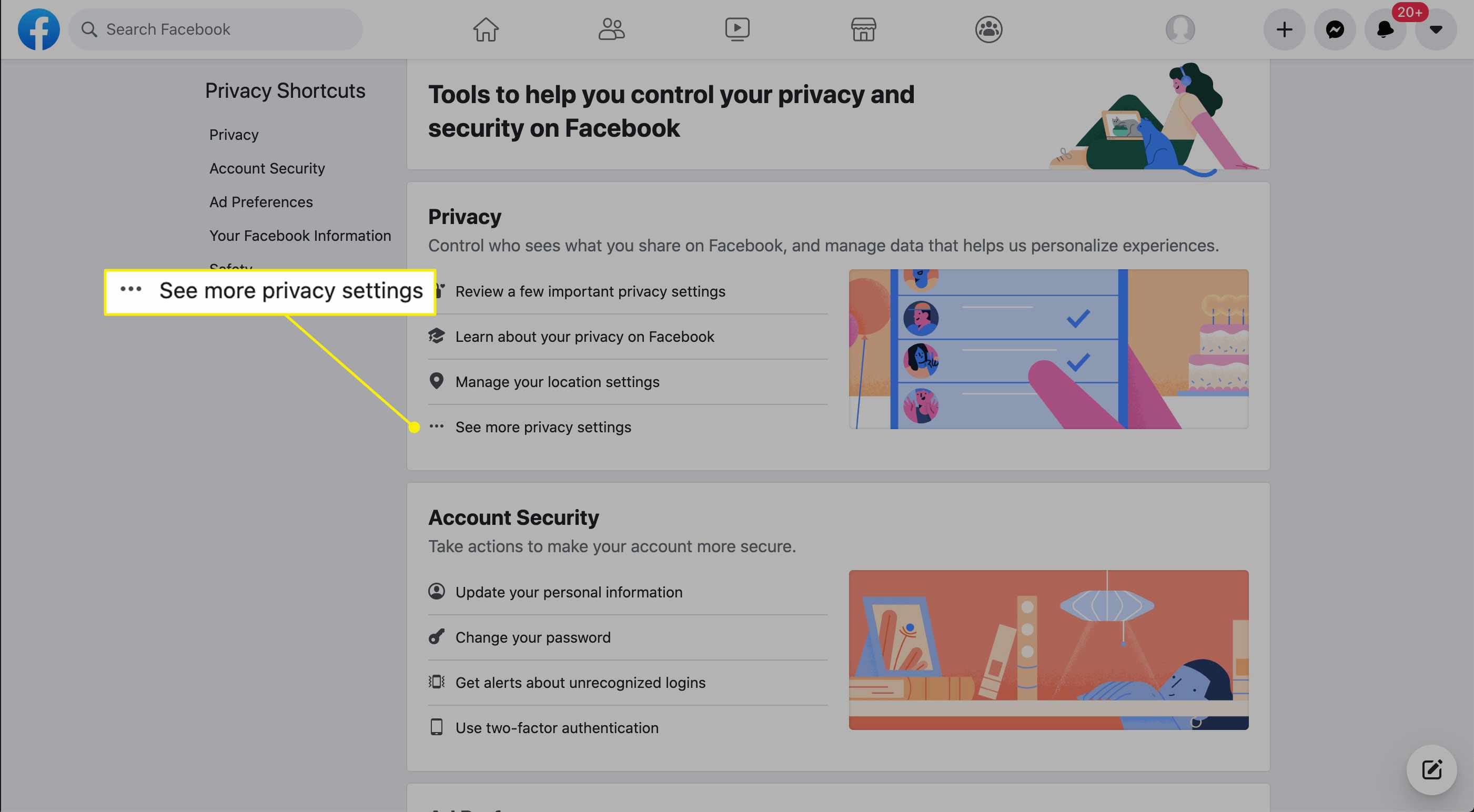 "Meer privacy-instellingen bekijken" op de pagina Privacysnelkoppelingen op Facebook