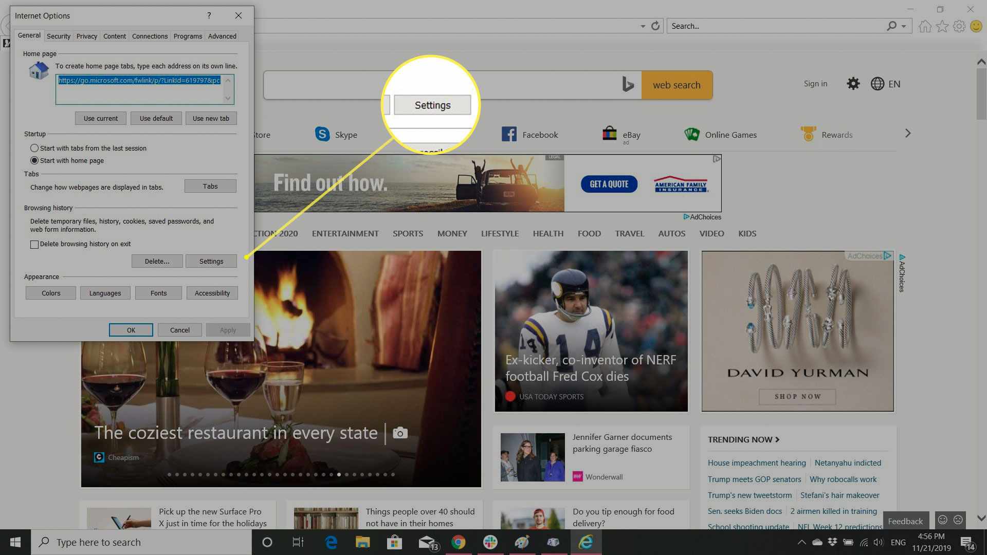 Internetinstellingen in IE met de knop Instellingen browsergeschiedenis gemarkeerd