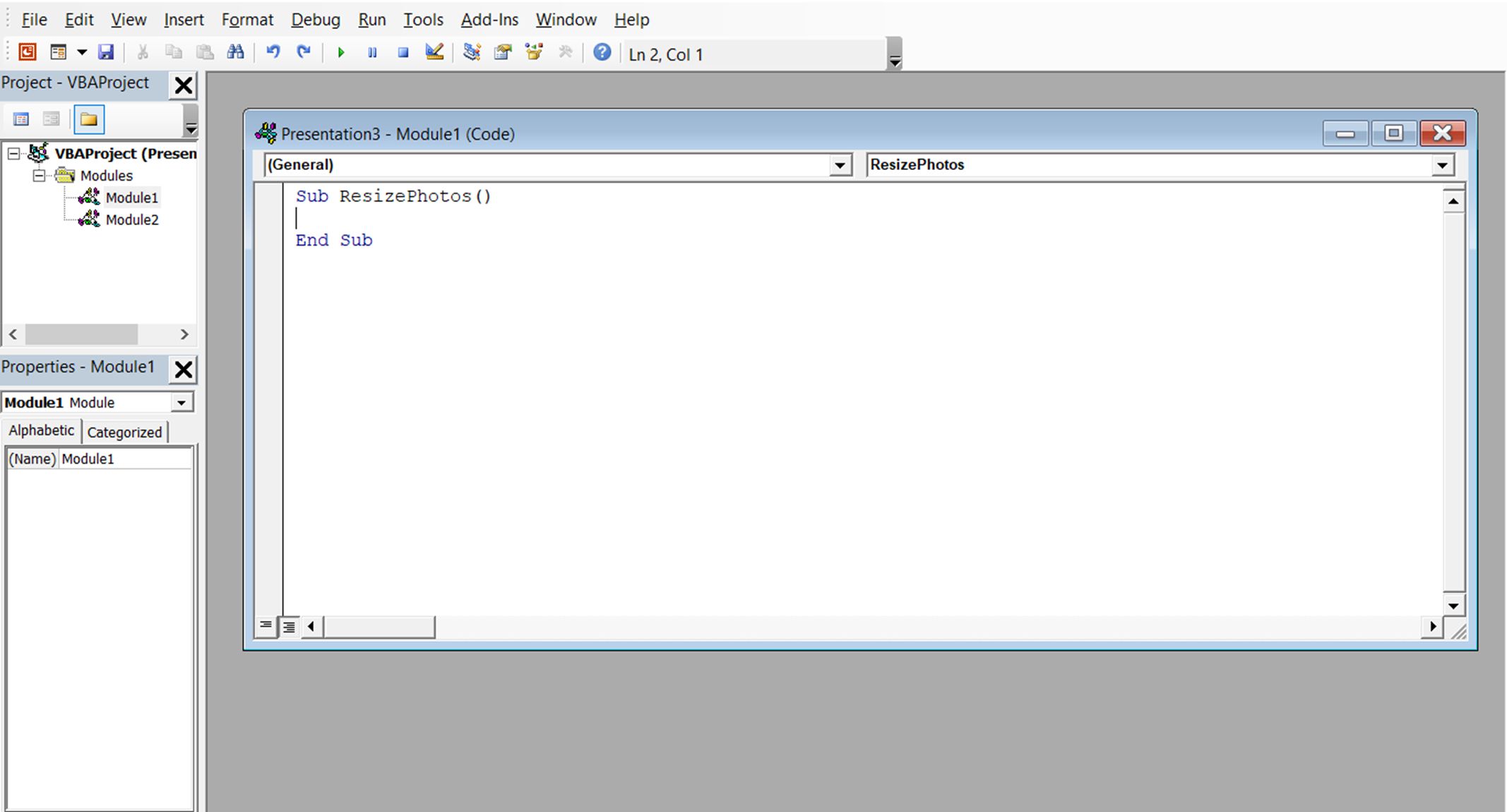 Een screenshot van Visual Basic for Applications in PowerPoint