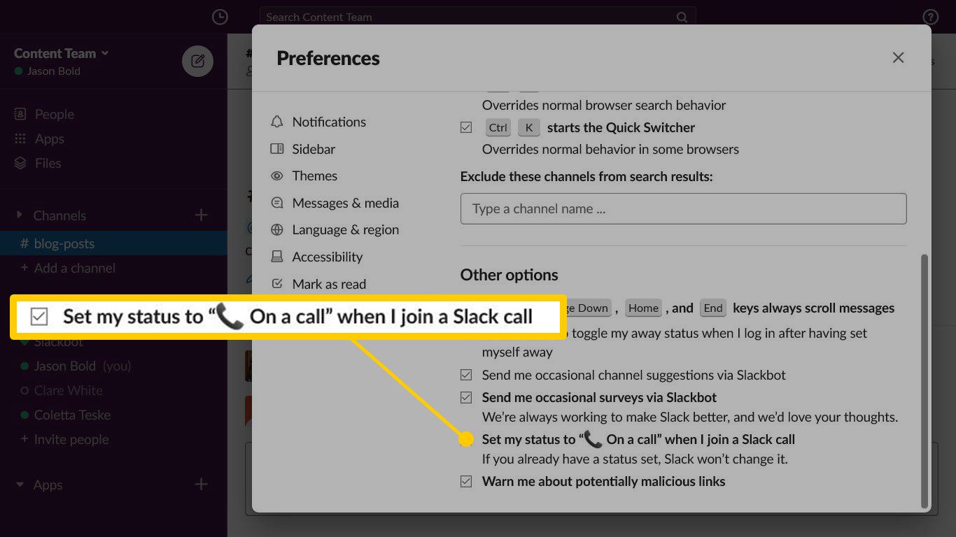 De Slack Advanced-opties om de status in te stellen tijdens een gesprek