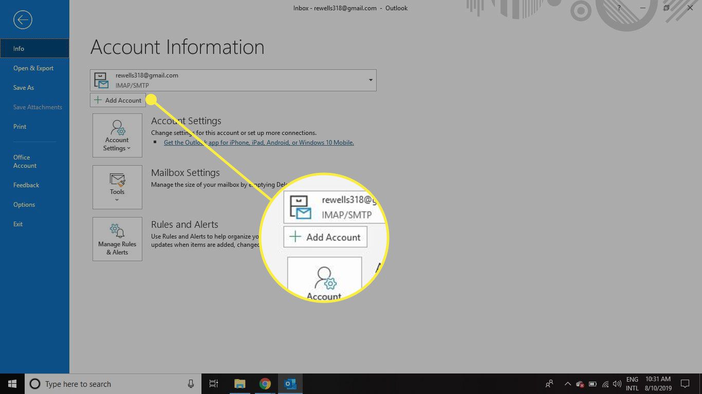 Een screenshot van het Outlook-menu Bestand met de knop Account toevoegen gemarkeerd