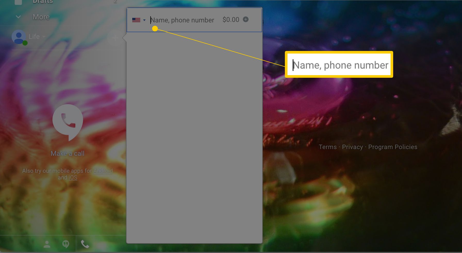 Naam, telefoonnummerveld in Gmail Hangouts-interface