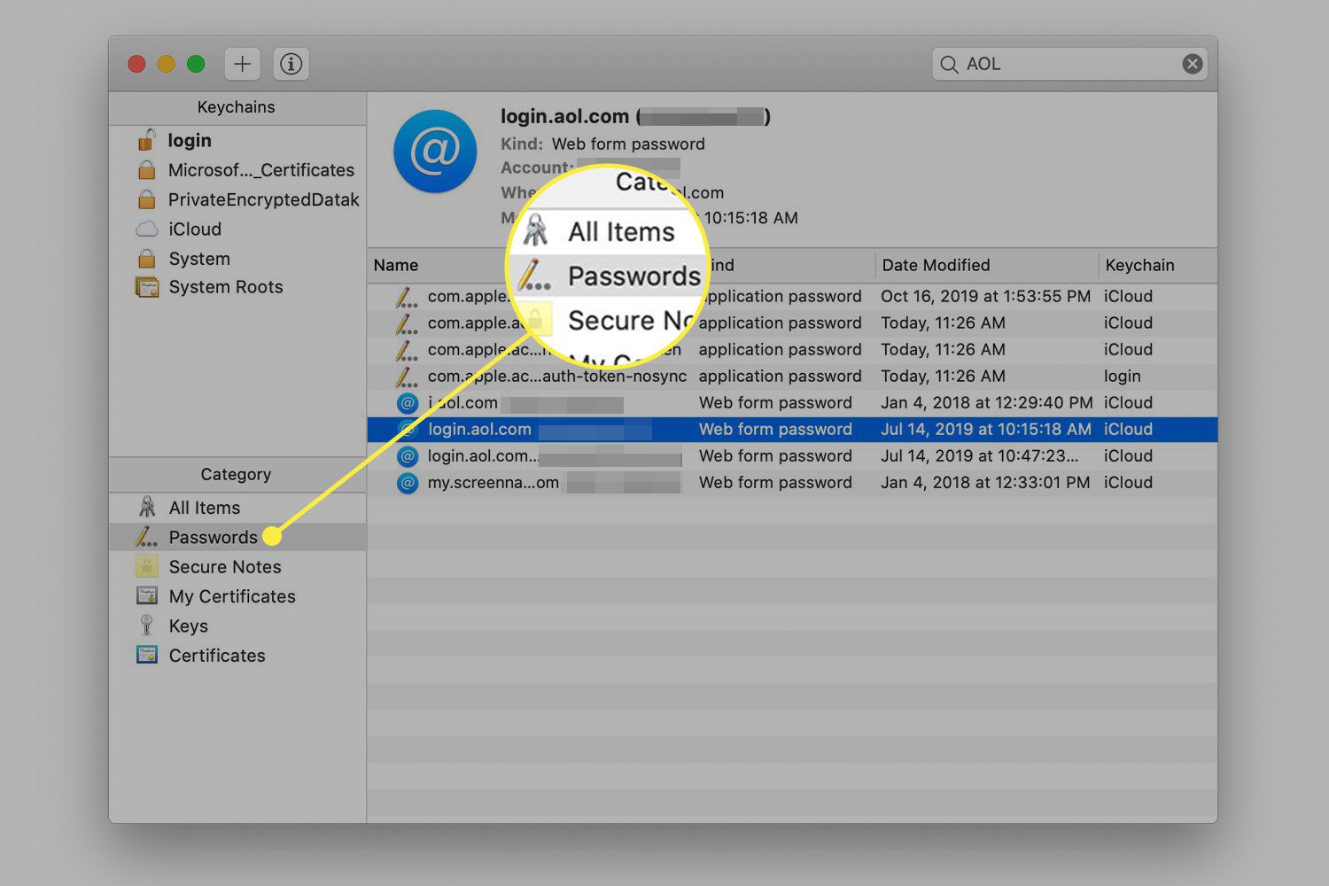 Een screenshot van Keychain Manager met de categorie Wachtwoorden gemarkeerd