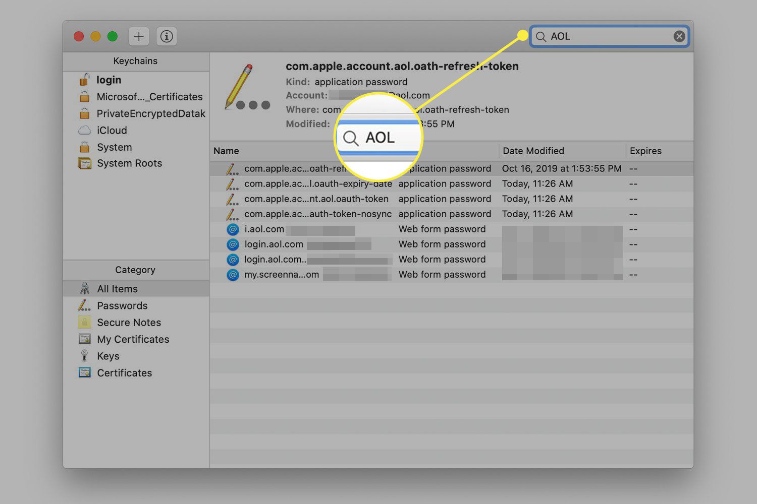 Een screenshot van Keychain Manager in macOS met de zoekbalk gemarkeerd