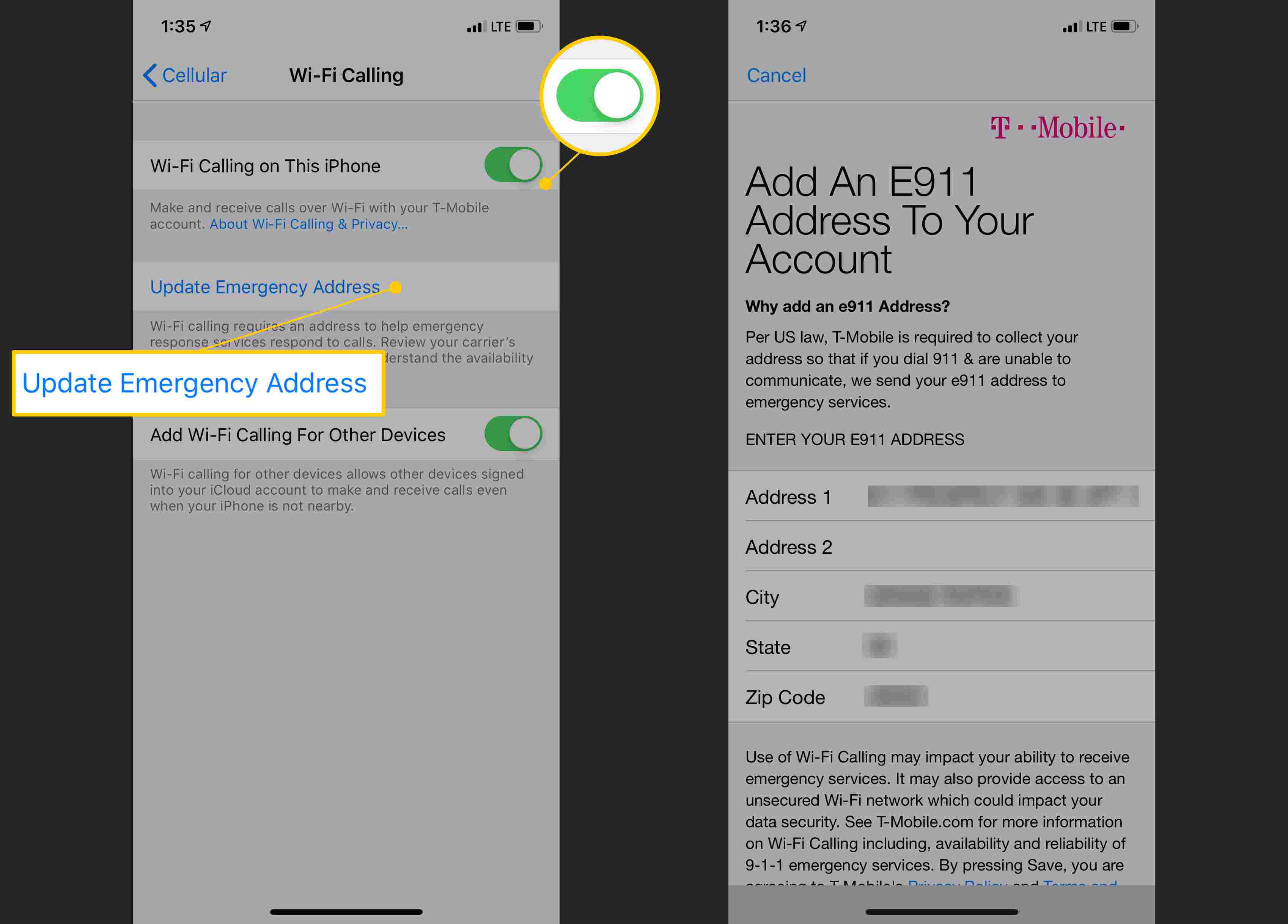 Wisselen tussen bellen via wifi, link voor noodadres bijwerken in iOS-instellingen