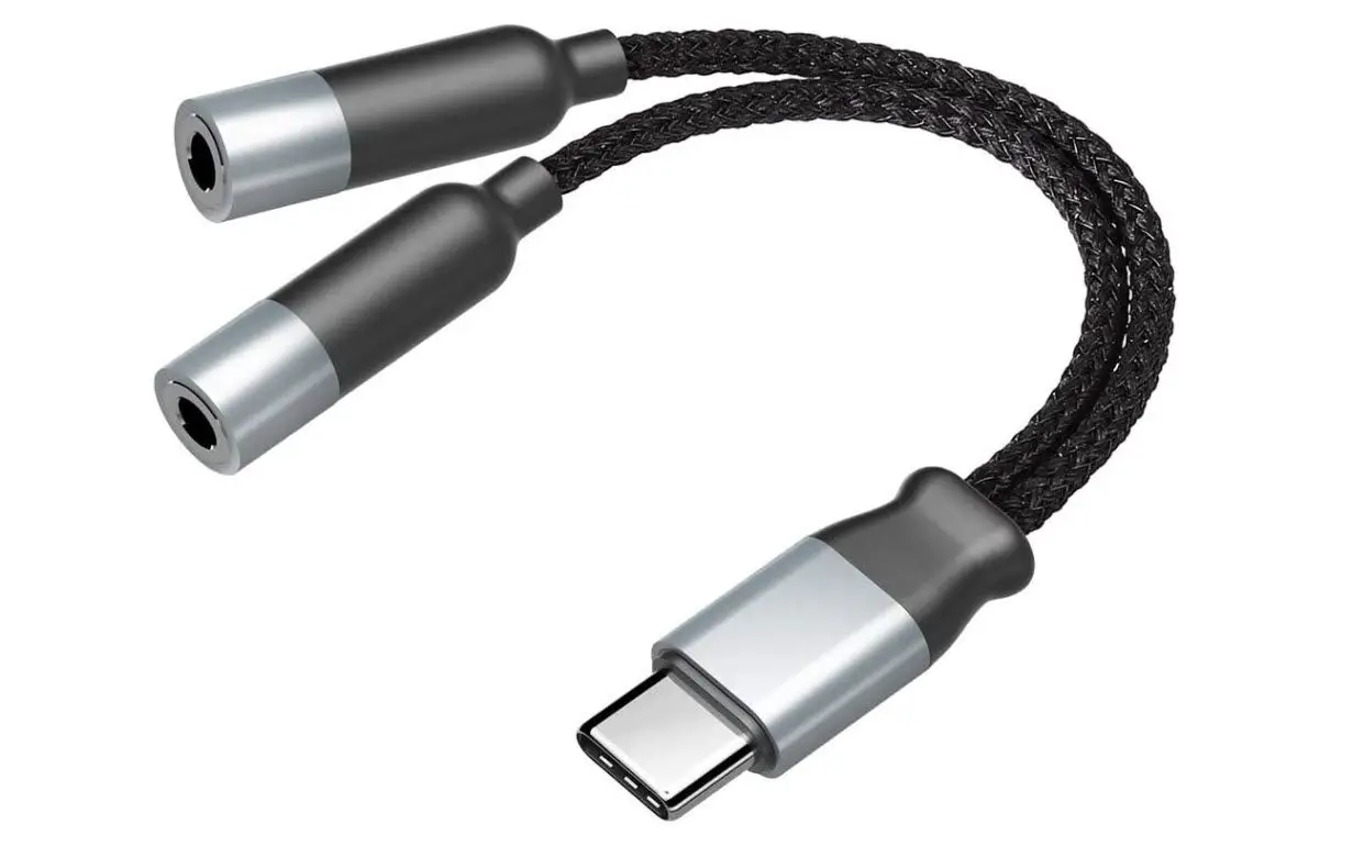 Een dual jack-naar-USB-C-adapter voor headsets.
