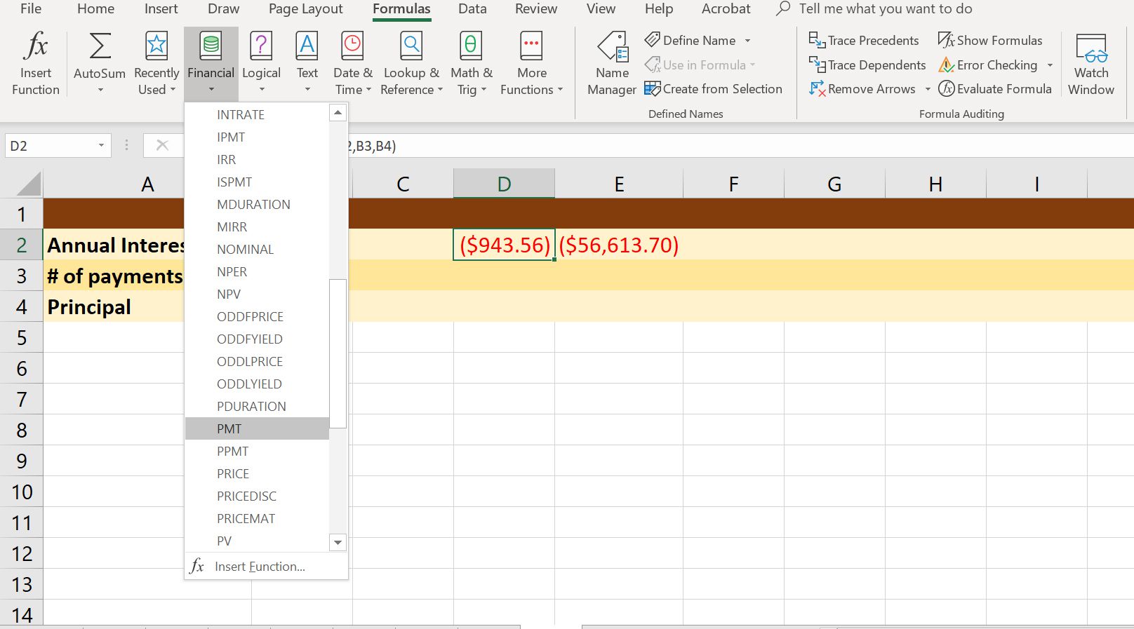 Een screenshot van het vervolgkeuzemenu Financiële formule van Excel met PMT geselecteerd.