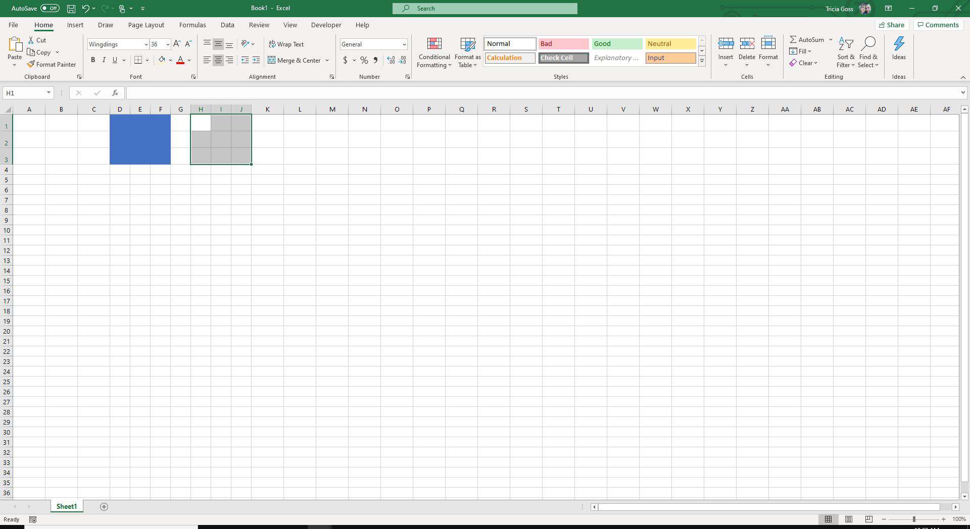 Screenshot van H1:J3 geselecteerd in Excel