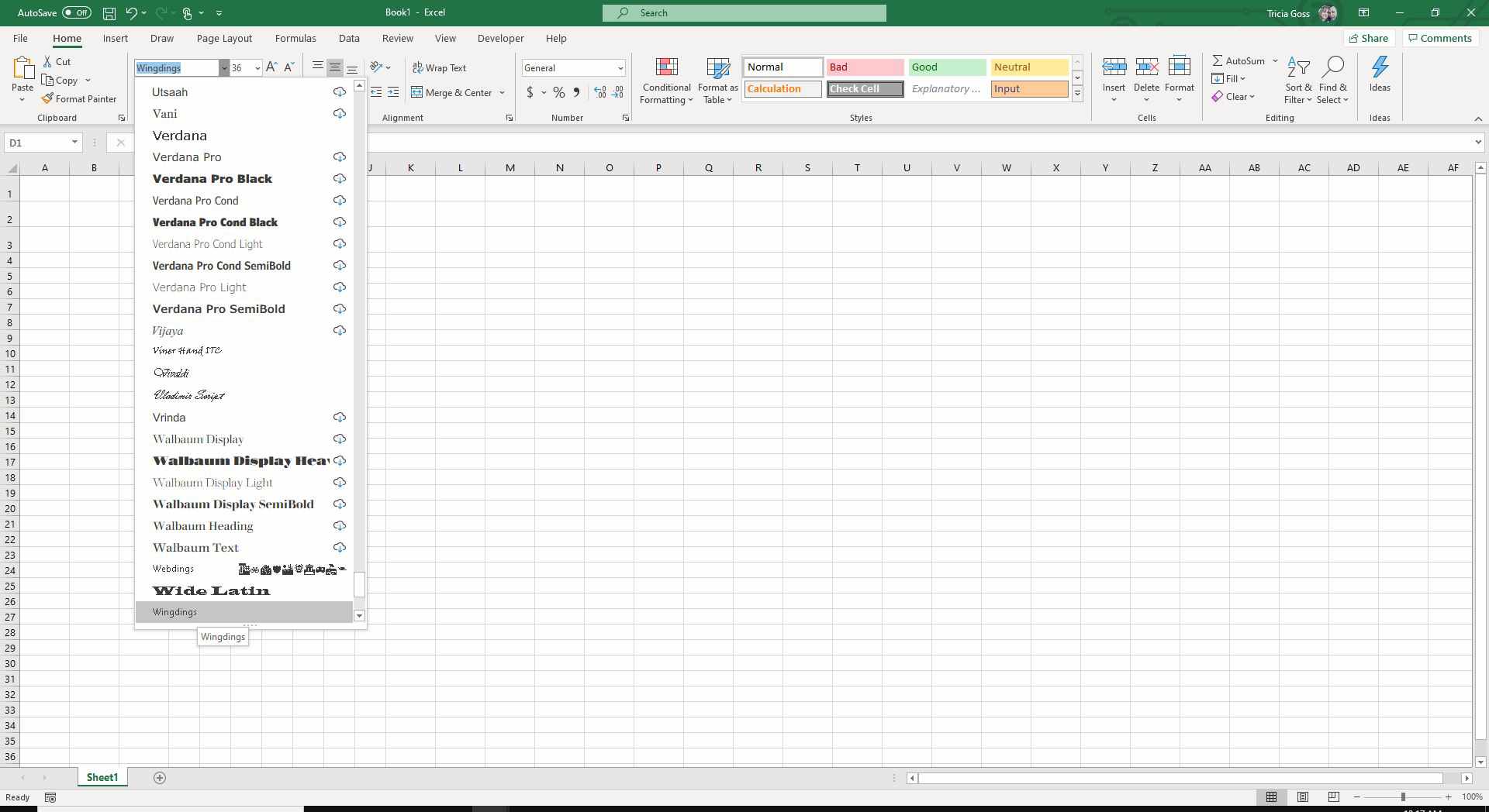 Screenshot van lettertypen in Excel