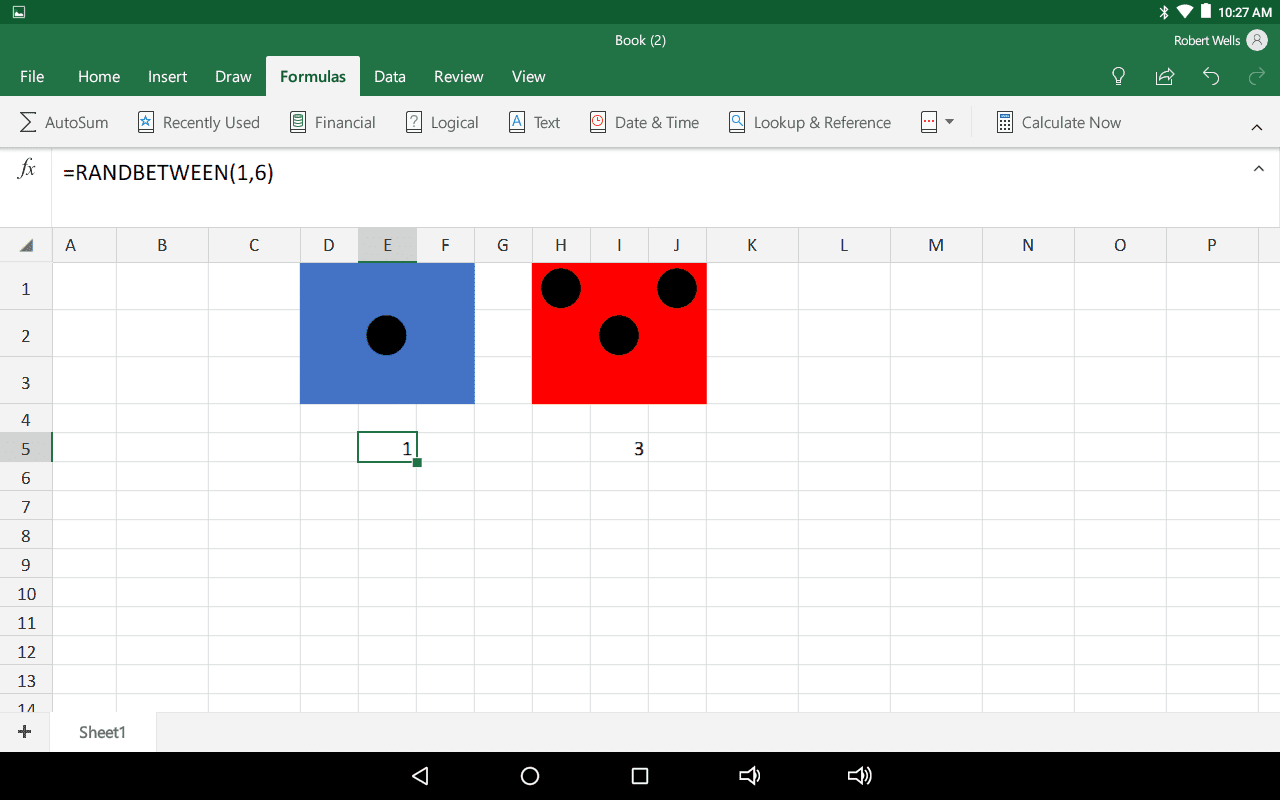 Excel's formule voor het gooien van dobbelstenen.