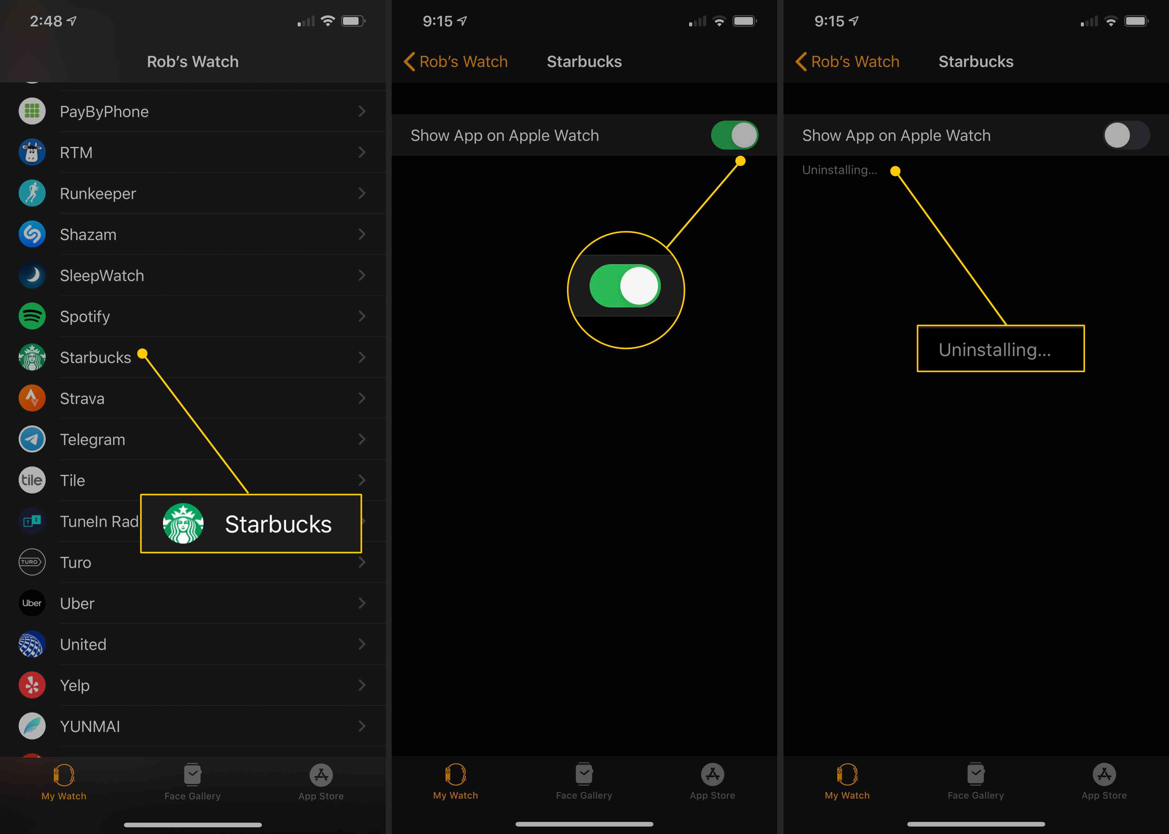 Starbucks app icoon in Watch app, Show App toggle, Uninstalling message