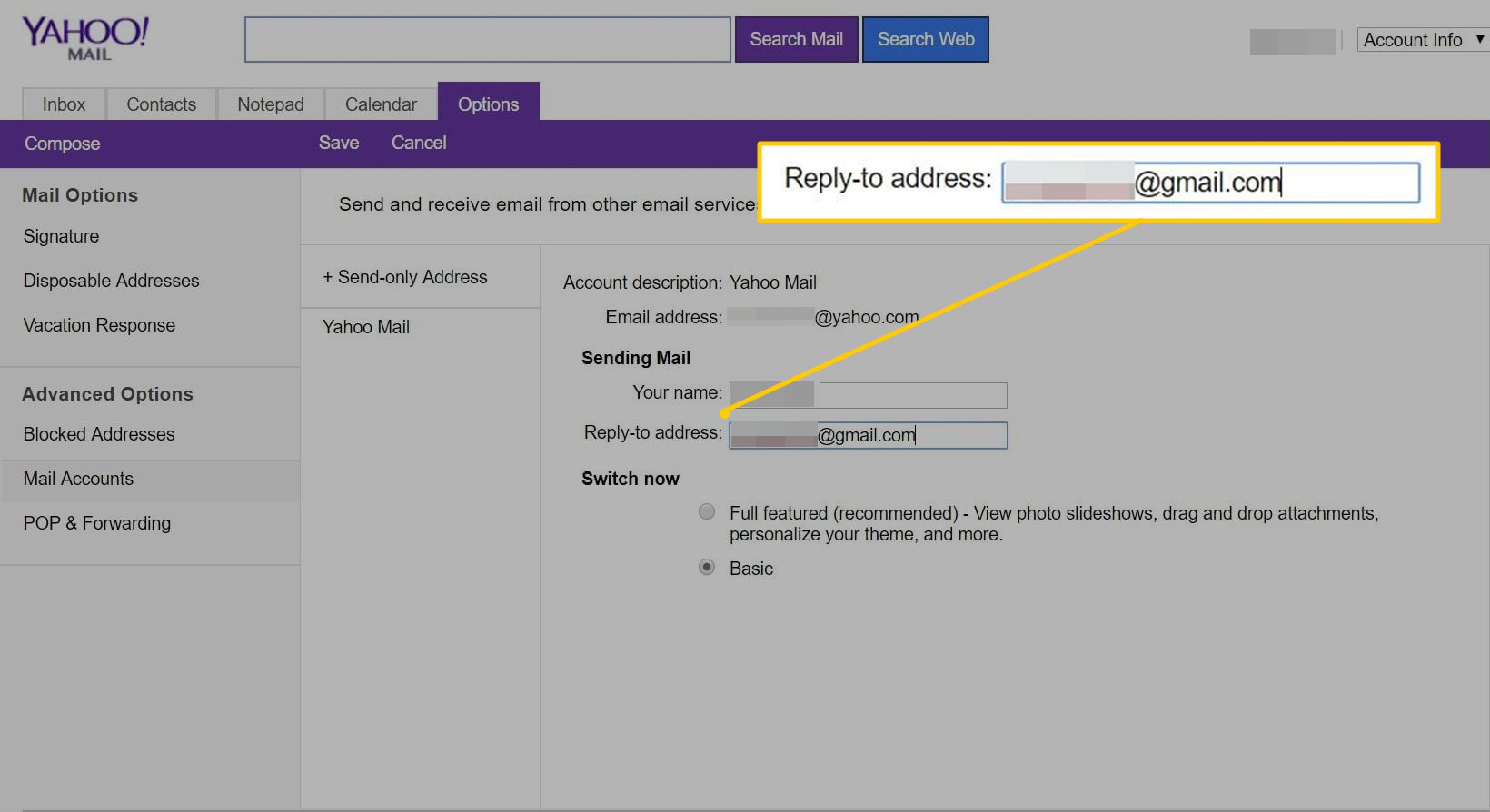 Veld voor antwoordadres in Yahoo Mail Basic