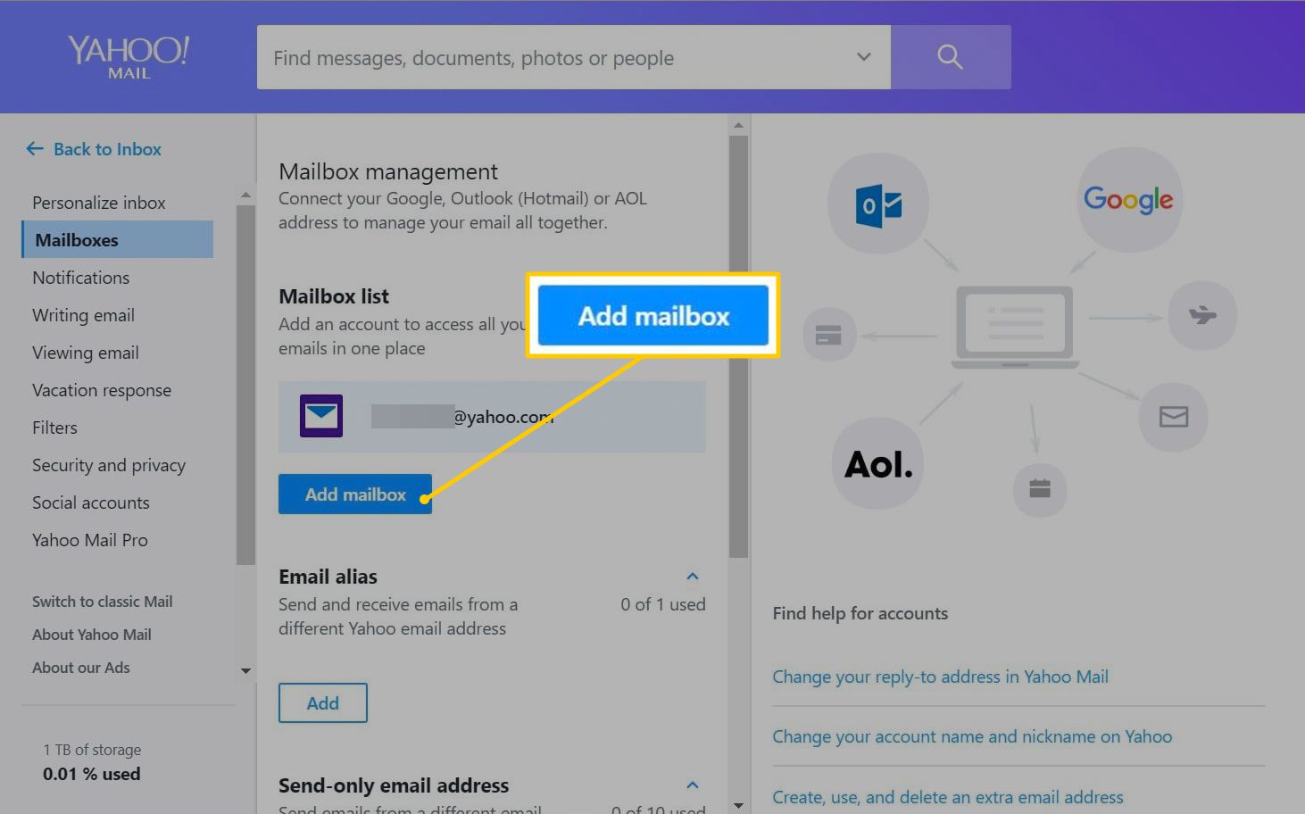 Postvakknop toevoegen in Yahoo Mail