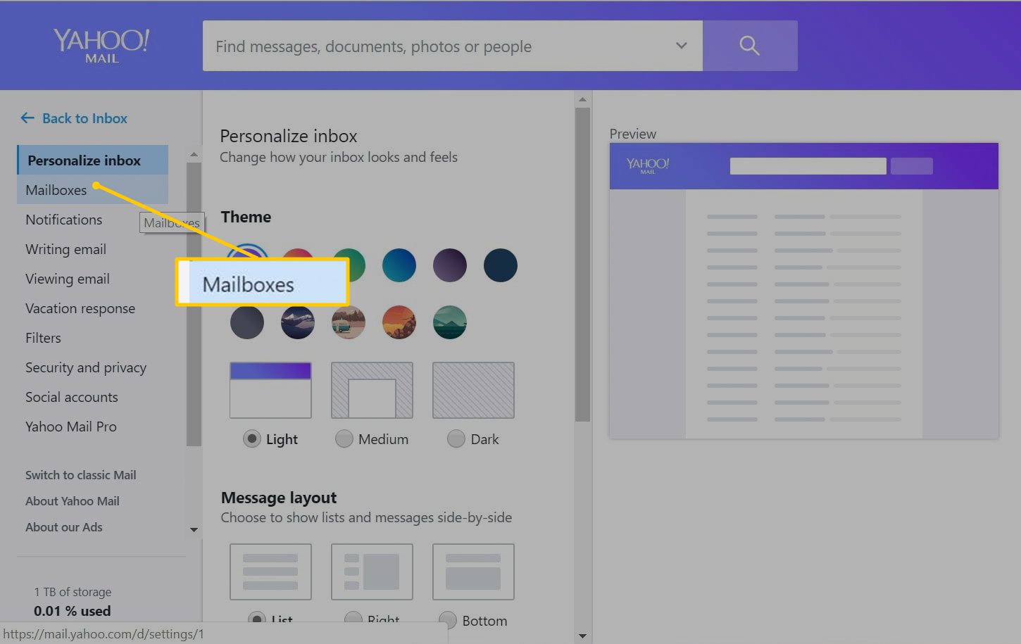 Knop Mailboxen in Yahoo Mail op het web