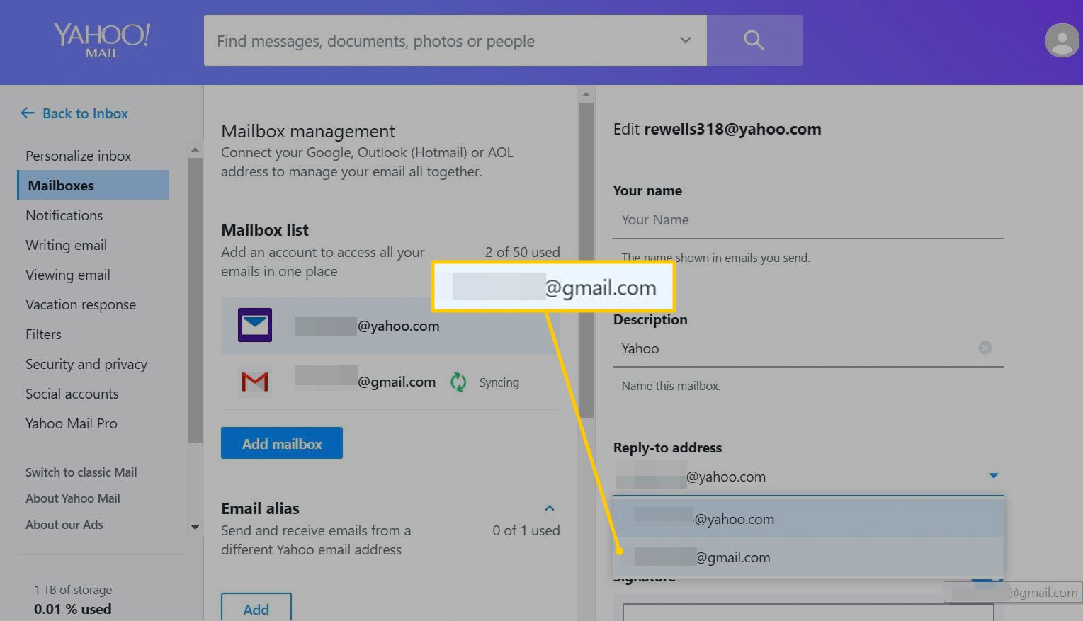 Nieuw antwoordadres in Yahoo Mail op het web