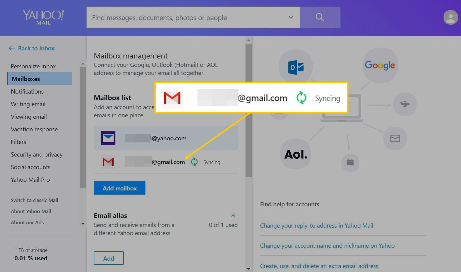 Tweede e-mailsynchronisatie in Yahoo Mail op het web