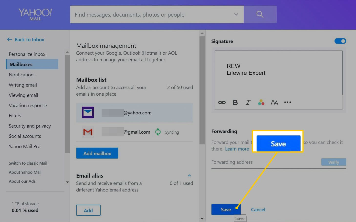 Knop Opslaan in Yahoo Mail-instellingen