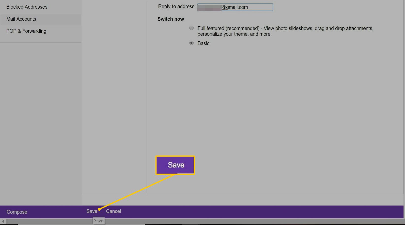 Opslaan-knop in Yahoo Mail Basic