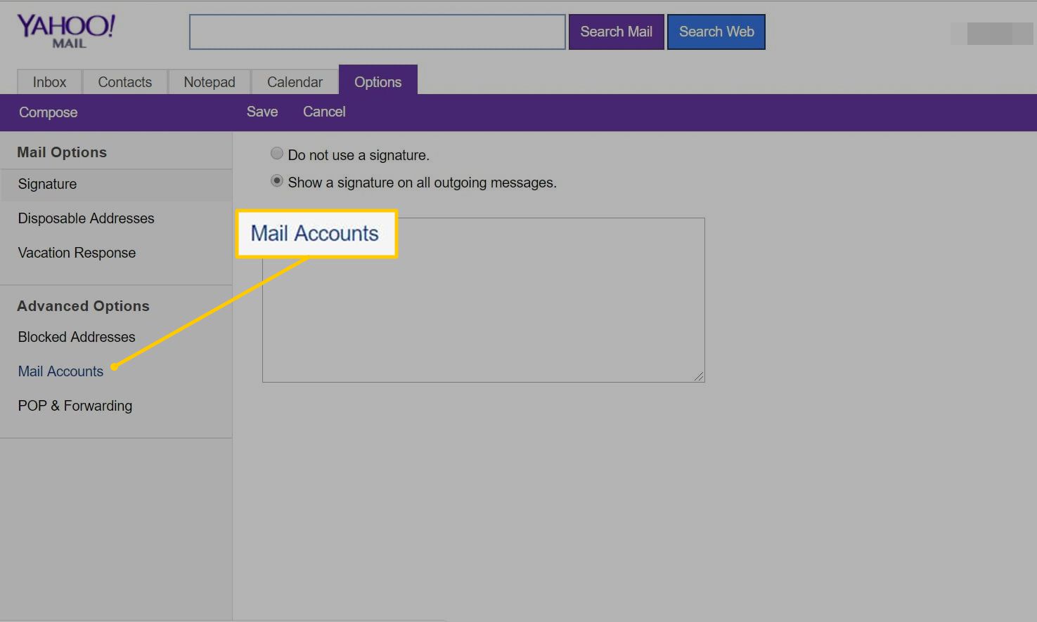 Mailaccounts-link in Yahoo Mail op het web