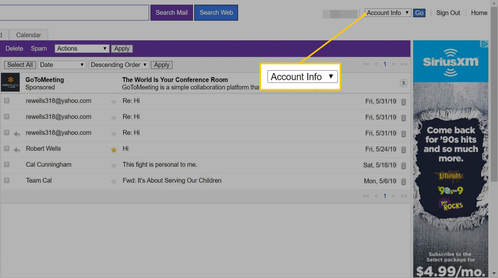 Accountinfo-menu in Yahoo Mail Basic