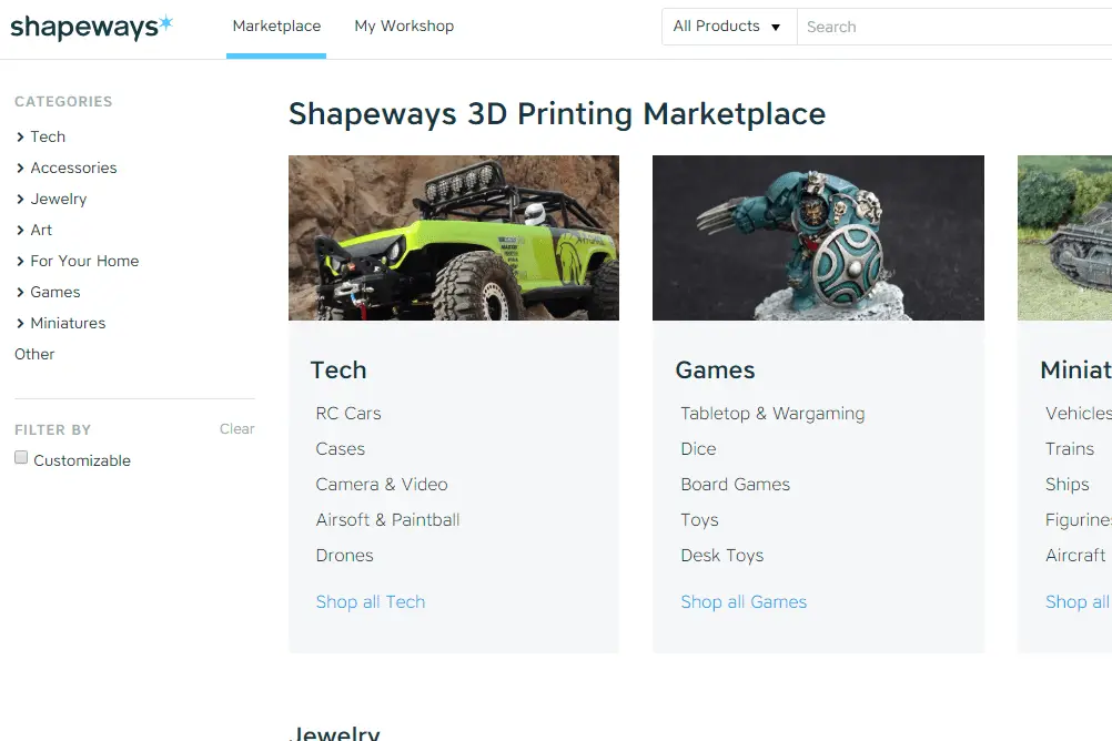Screenshot van 3D-geprinte objecten die je bij Shapeways kunt kopen