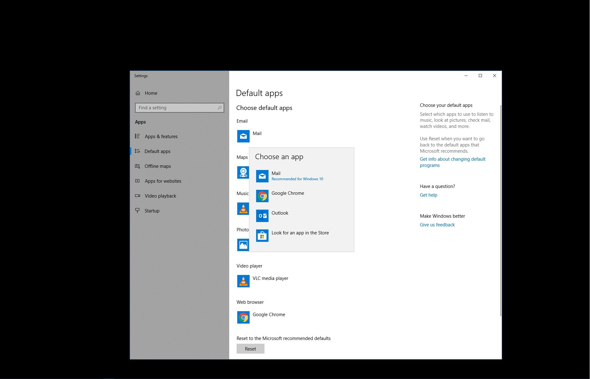 Een standaard e-mailclient selecteren in Windows 10.