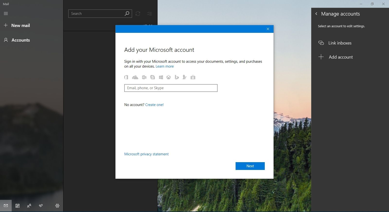 Voorbereiden om een ​​e-mail in te voeren om in te stellen in Mail in Windows 10.