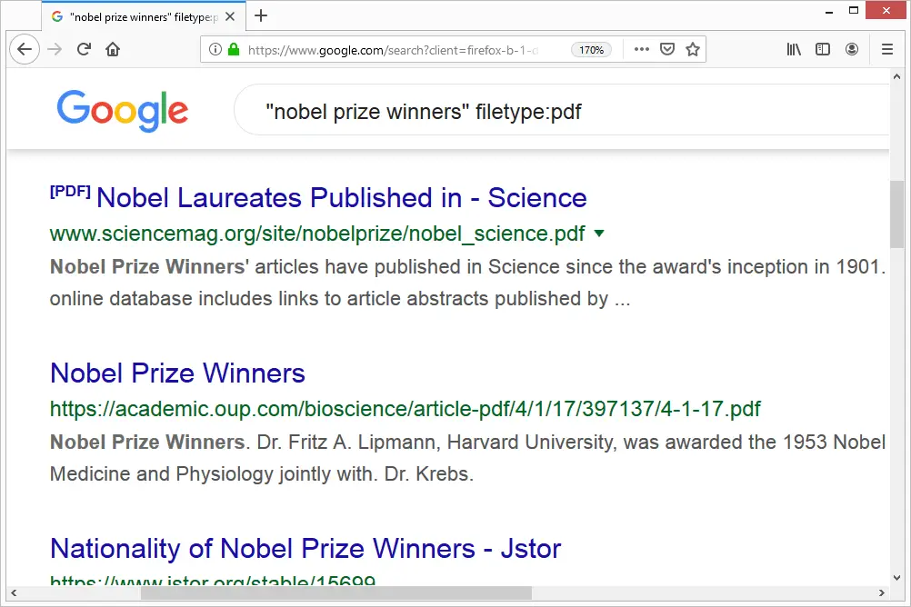 Geciteerde Google-zoekopdracht voor nobelprijswinnaars en pdf's