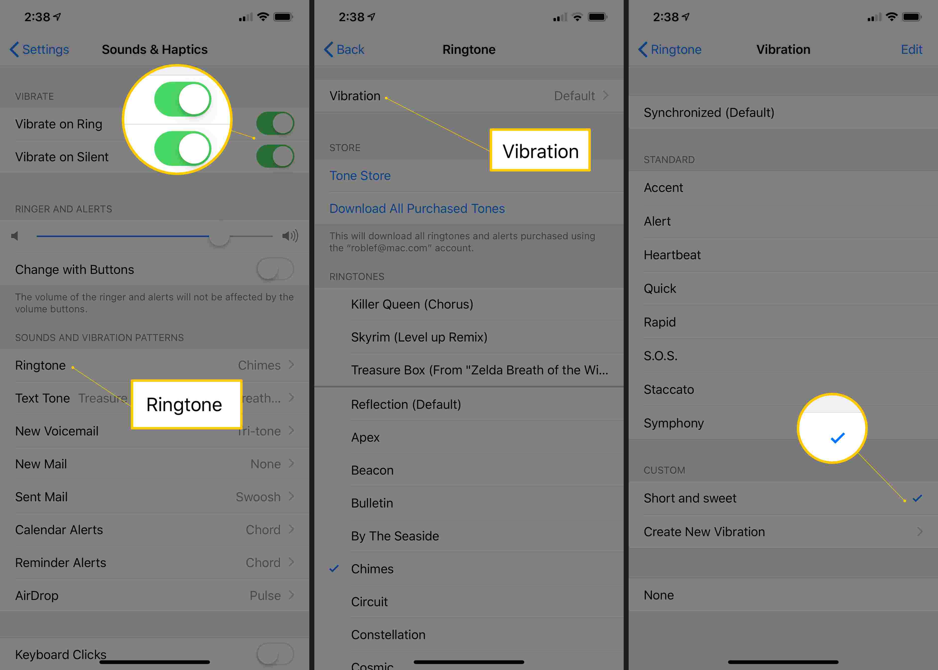 Drie iOS-schermen met Trillen op Ring en Stil, Ringtone-knop, Vibration-knop en vinkje