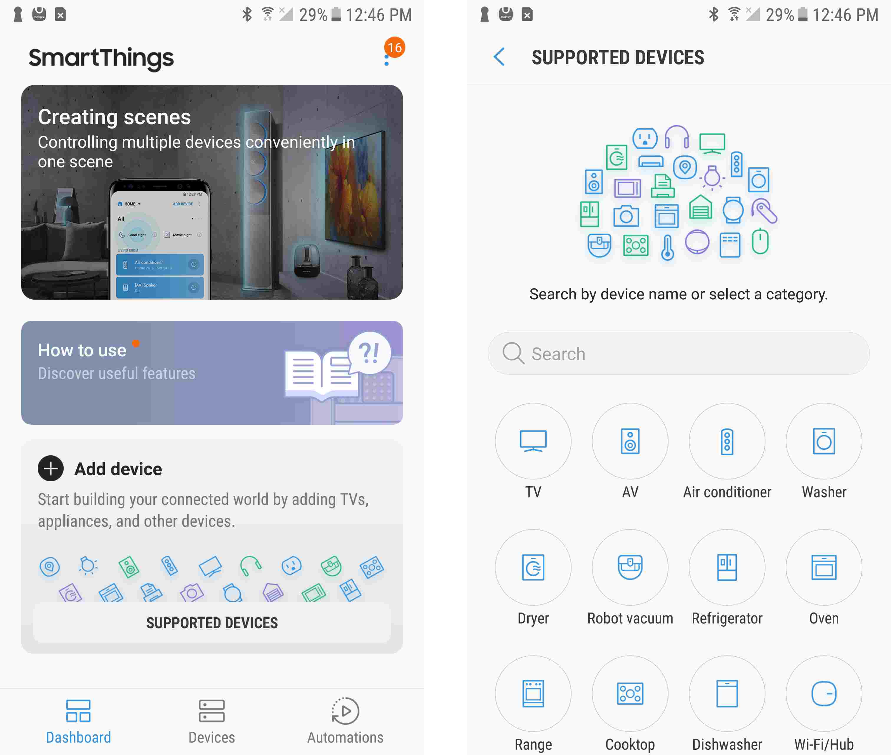 Screenshots van de Samsung SmartThings domotica-app