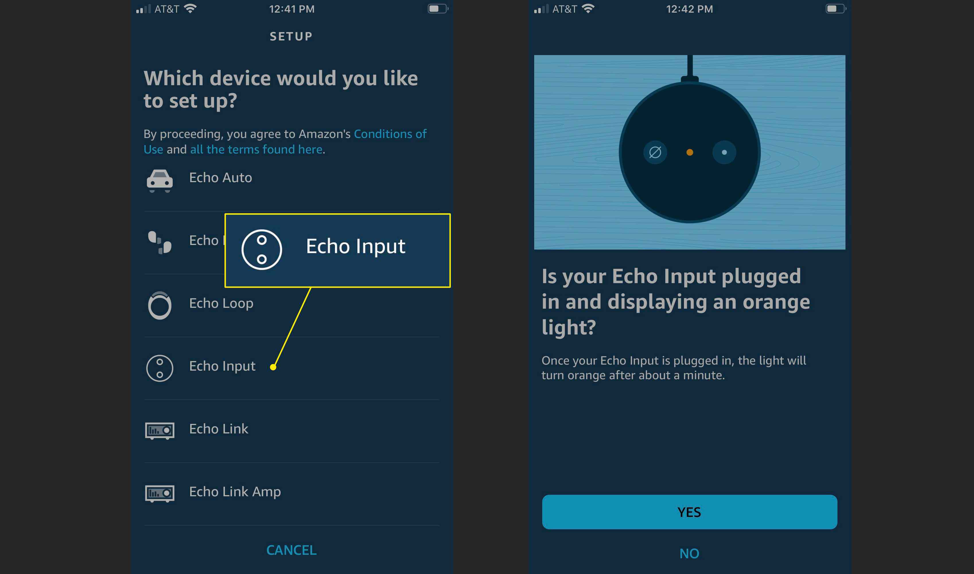 Alexa-app met Echo Input gemarkeerd