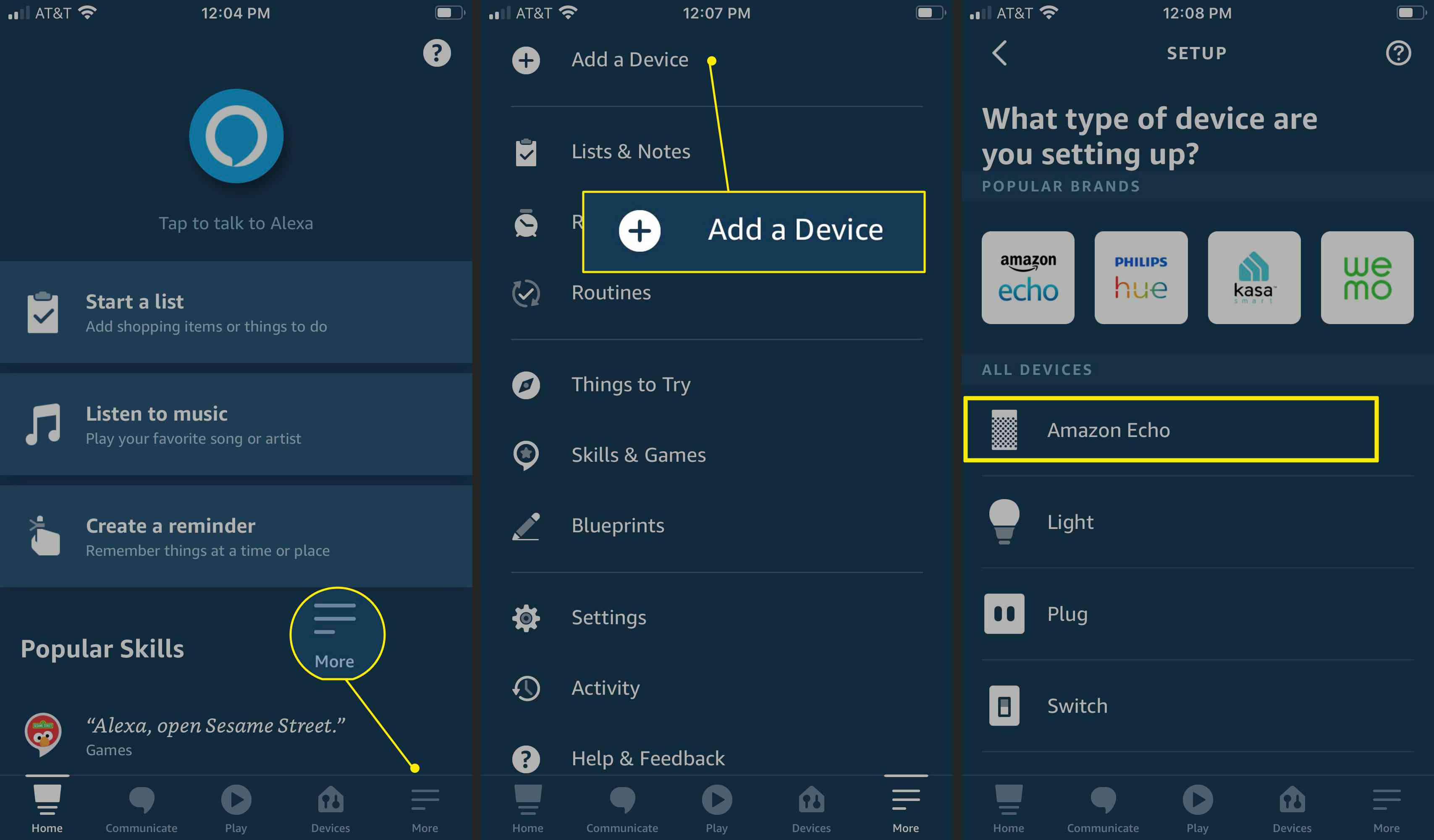 Stappen in de Alexa-app om een ​​apparaat toe te voegen, met Meer, Een apparaat toevoegen en Amazon Echo gemarkeerd