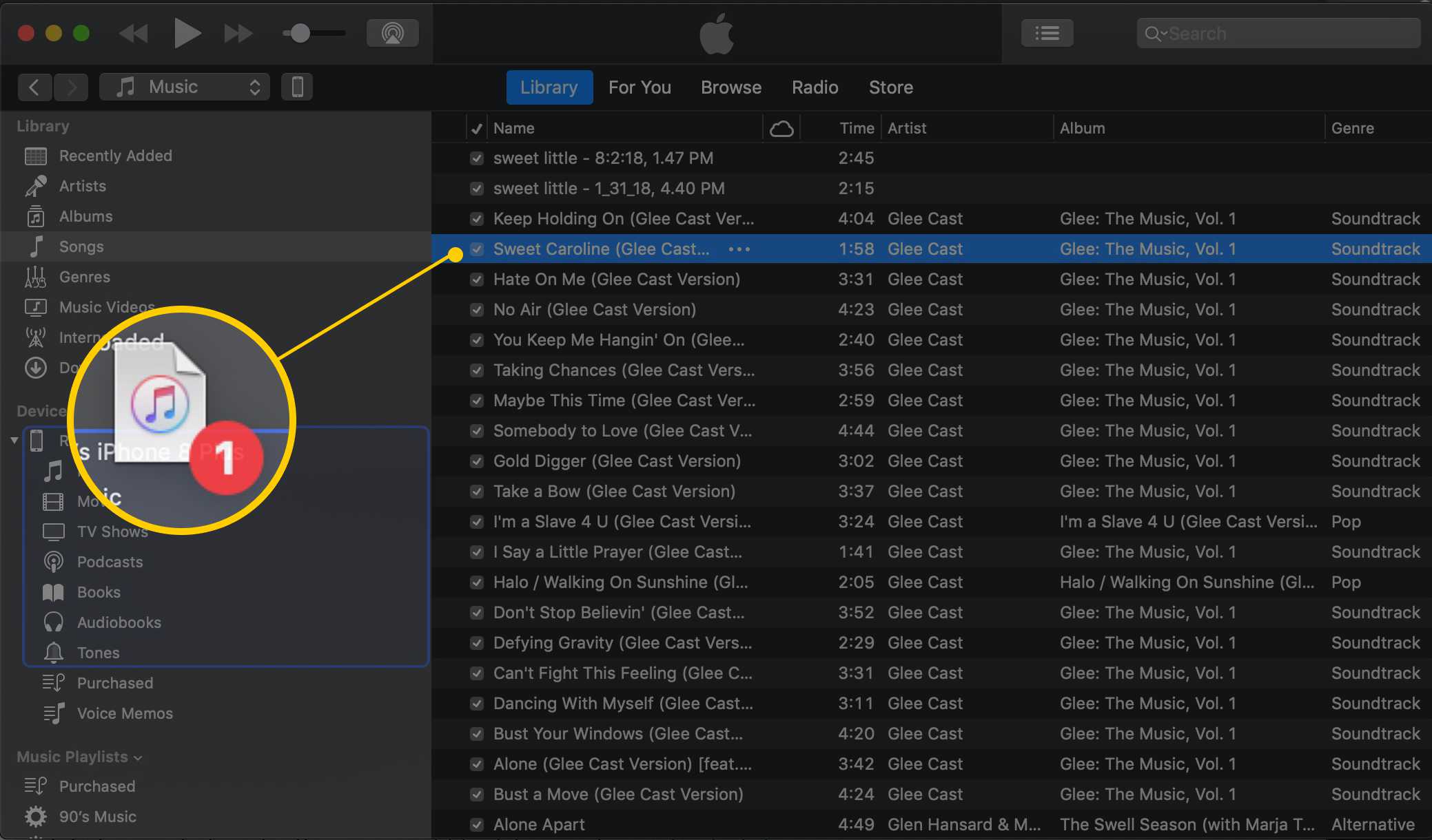 Eén nummer slepen van het iTunes-nummervenster naar het iPhone-pictogram in het linkerdeelvenster in macOS iTunes