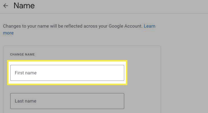 Scherm voor naamwijziging in Google-accountinstellingen.