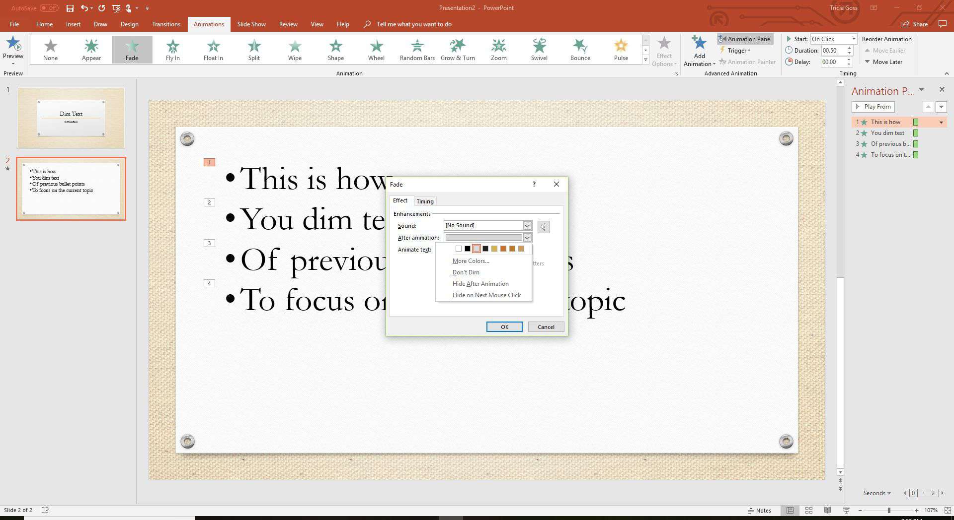 Een screenshot van PowerPoint die laat zien hoe je tekst kunt dimmen.