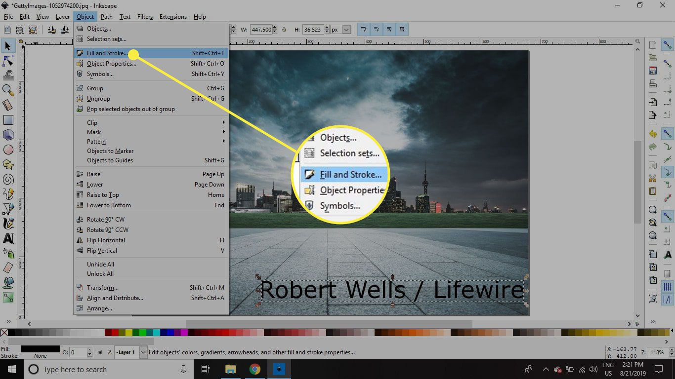 Een screenshot van Inkscape met de opdracht Fill and Stroke gemarkeerd