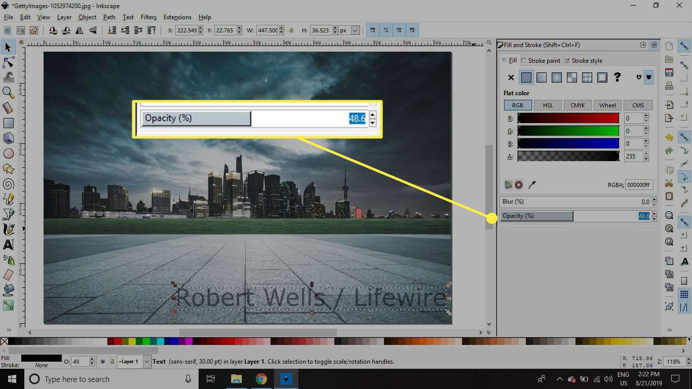 Een schermafbeelding van Inkscape met de schuifregelaar Vulling en lijndekking gemarkeerd