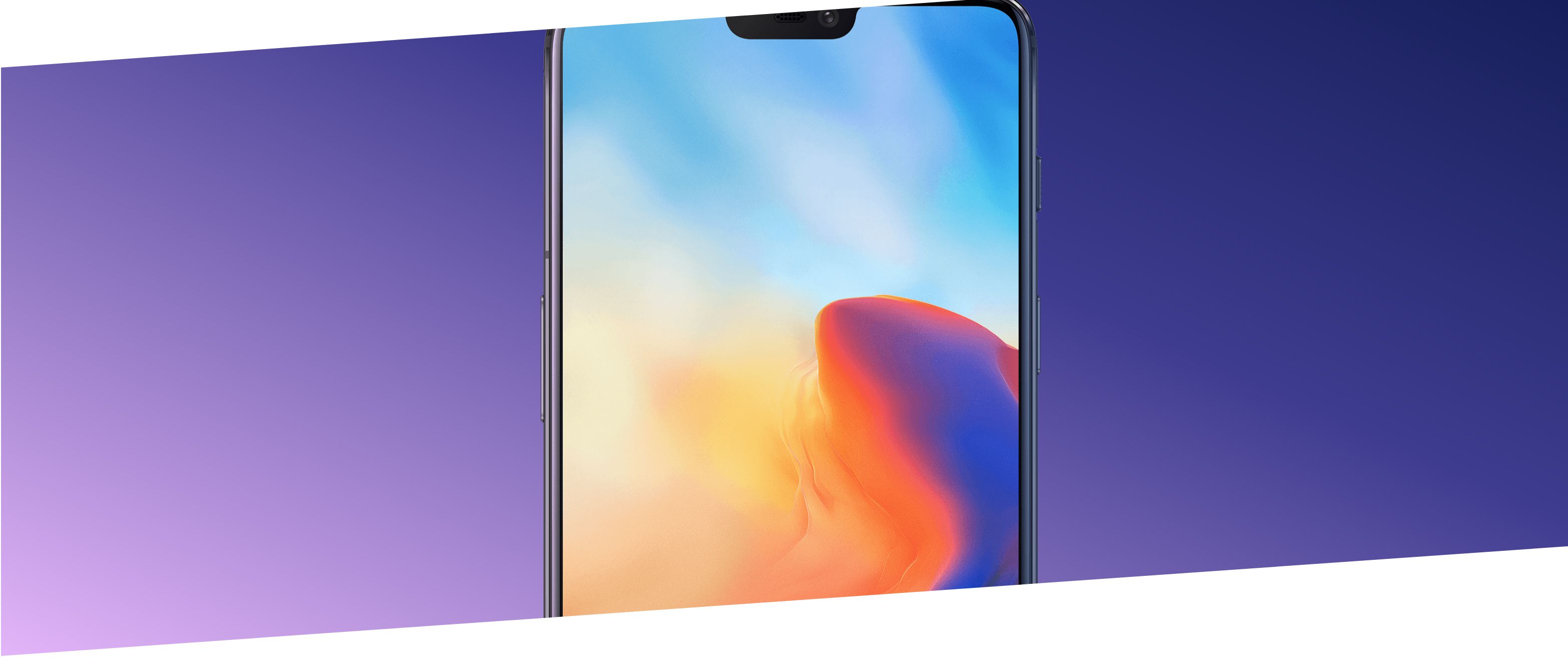 OnePlus 6 smartphone met een kleurrijk scherm op een paarse achtergrond