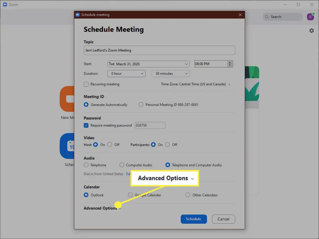 Screenshot van de link Geavanceerde opties in het dialoogvenster Vergadering plannen van de Zoom-app.