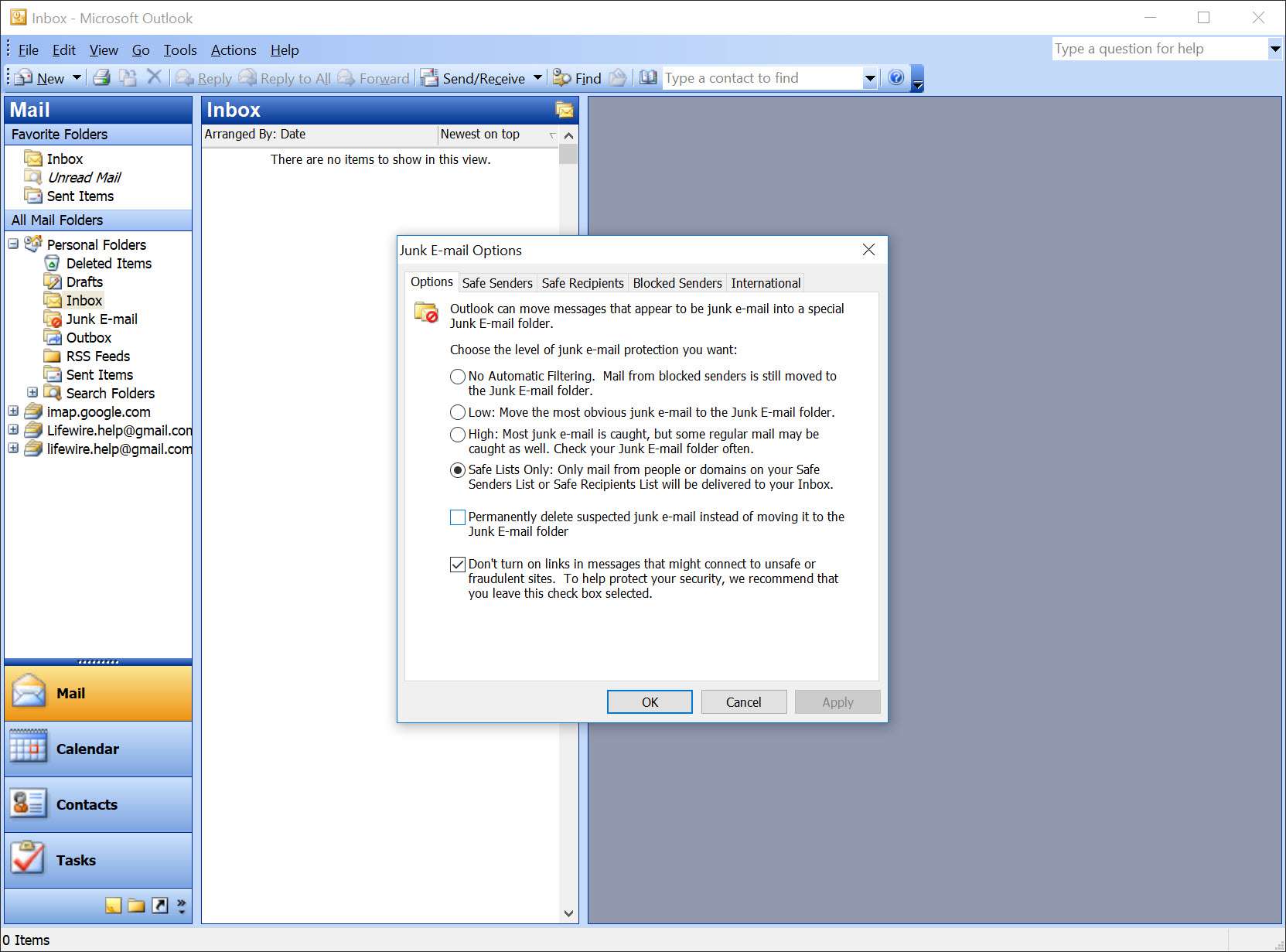 Venster Opties voor ongewenste e-mail van Outlook 2003