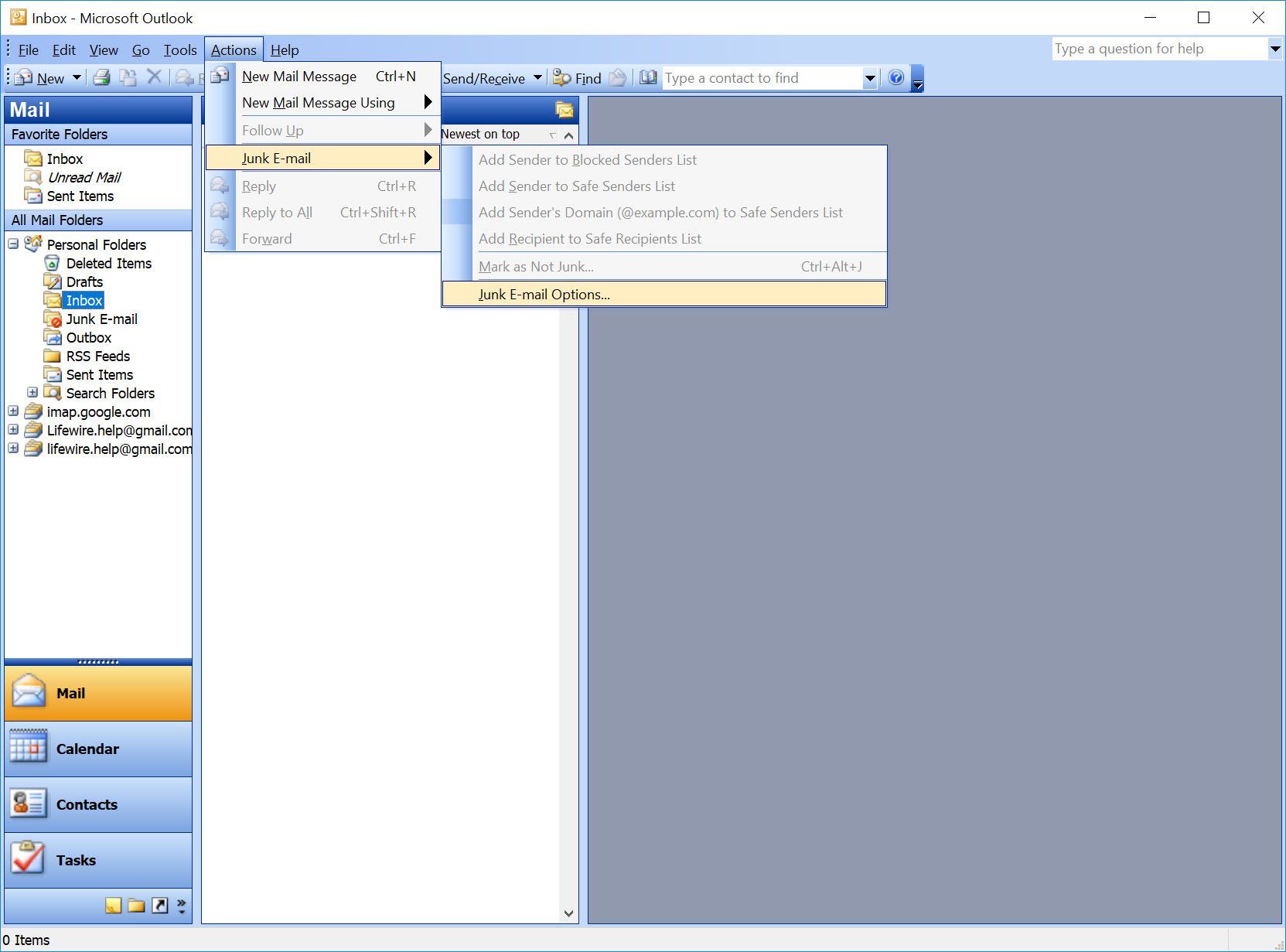 Outlook 2003 Acties-menu, met Ongewenste e-mail en Opties geselecteerd
