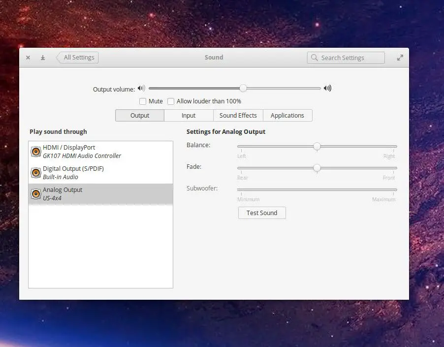 Screenshot van de geluidsinstellingen in Elementary OS.