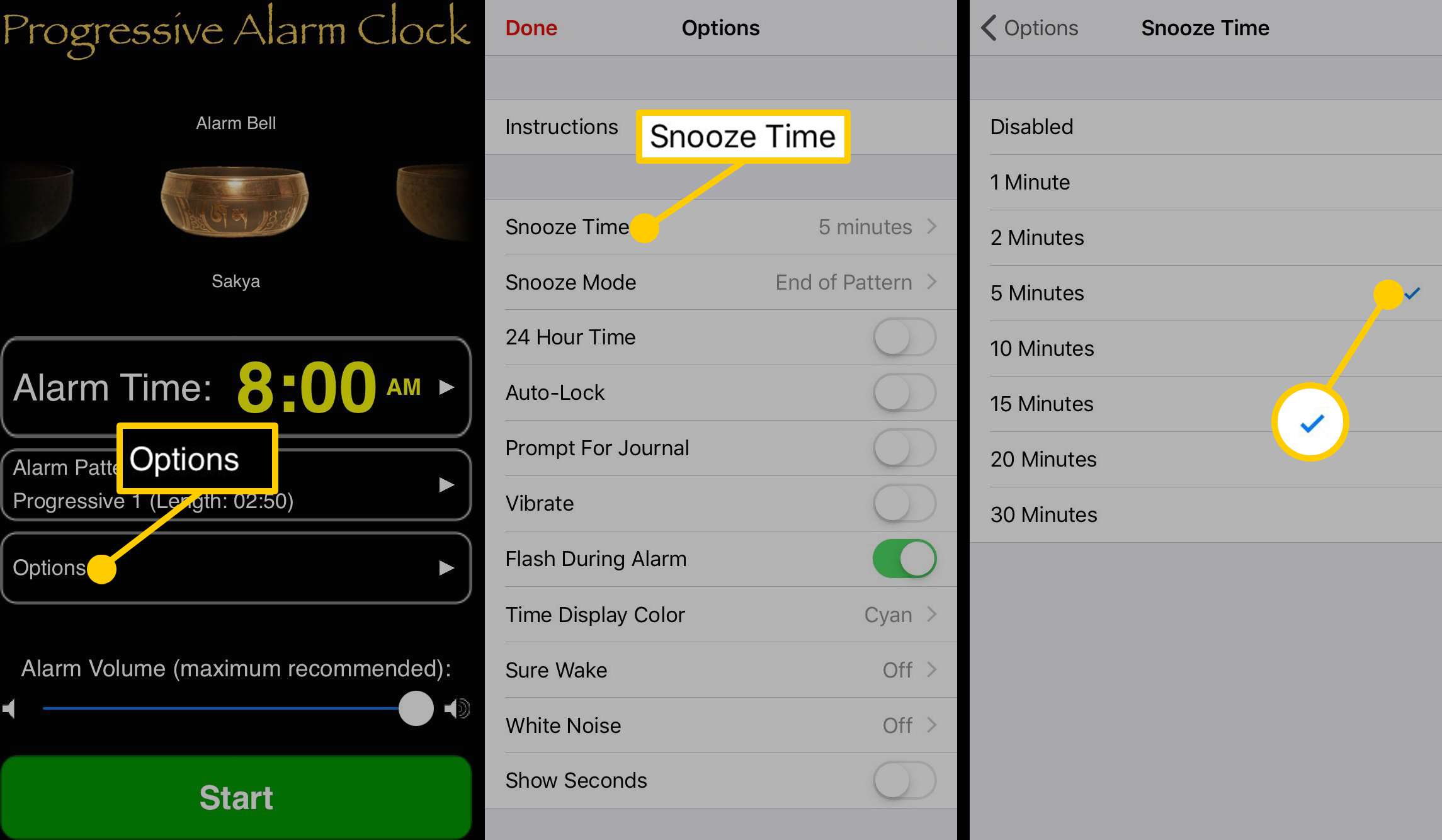 hoe u een sluimertijd kunt maken in de app Progressive Alarm Clock.