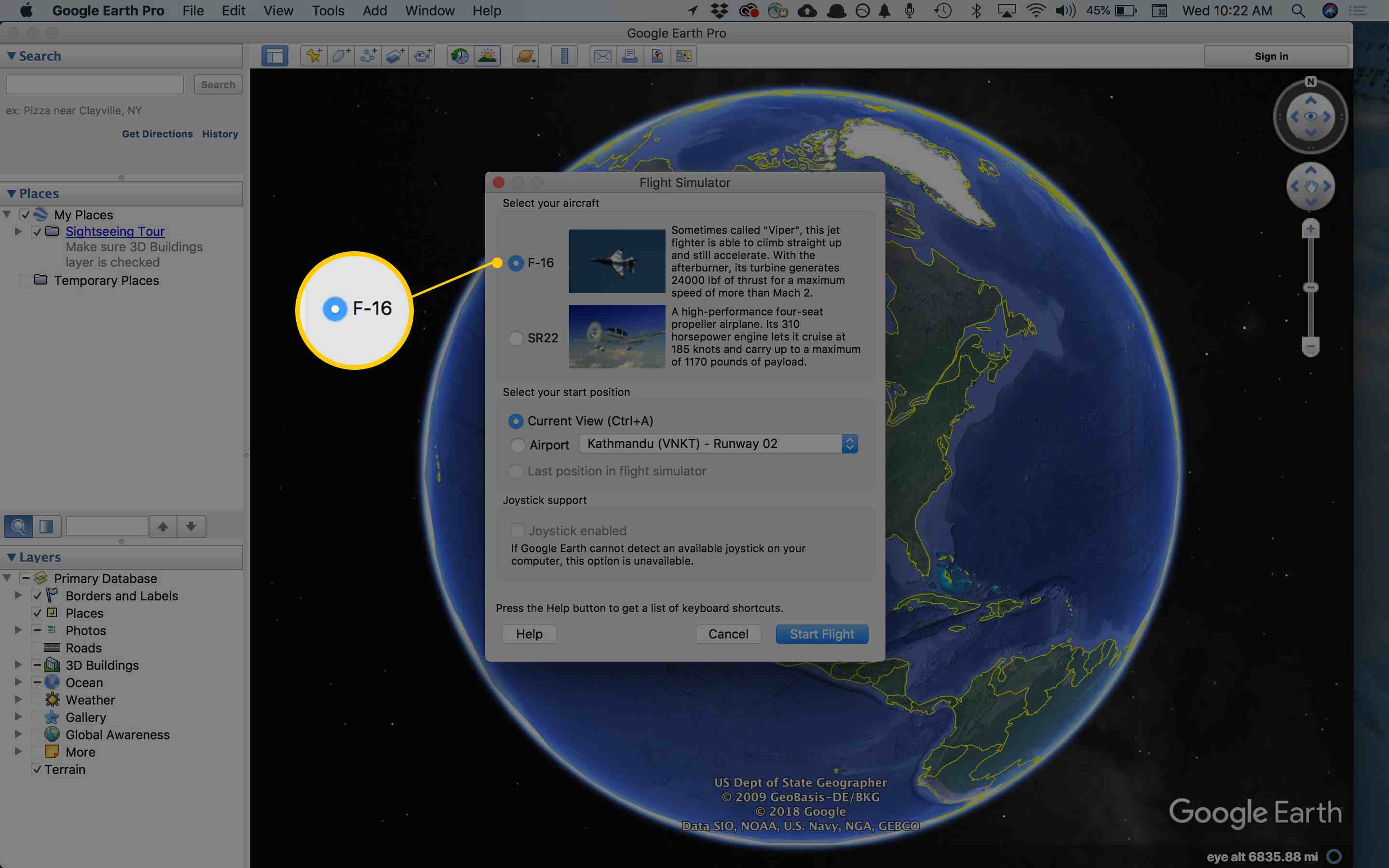 Screenshot van Plane-opties in Google Earth-vluchtsimulator (Mac)