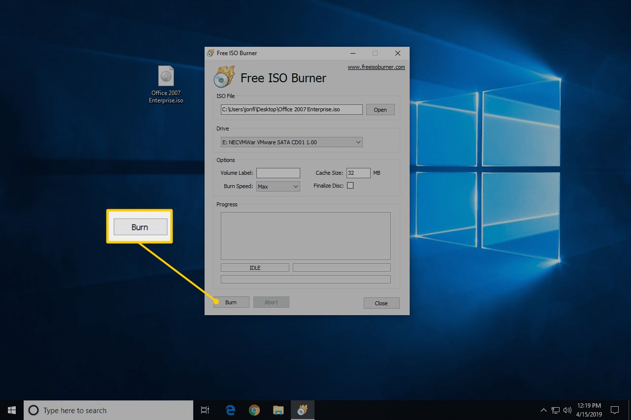 Brandknop in de gratis ISO Burner-app op Windows