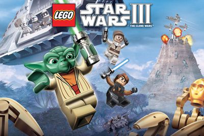 Lego Star Wars 3 promotionele afbeelding met Lego Yoda, Obi Wan, C3-PO en Anakin Skywalker