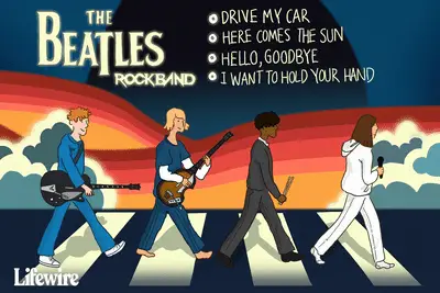 Groep Rockband-spelers die over het zebrapad van Abbey Road lopen met een lijst van 4 nummers