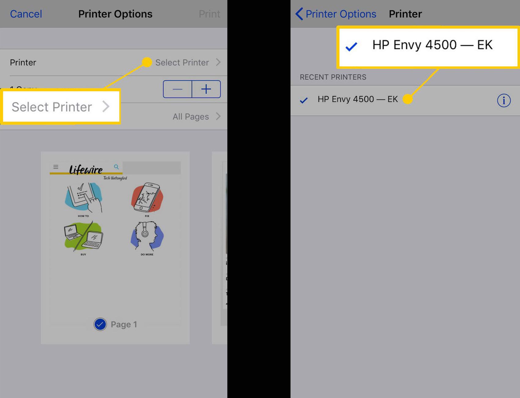 Een printer selecteren voor AirPlay op een iPhone