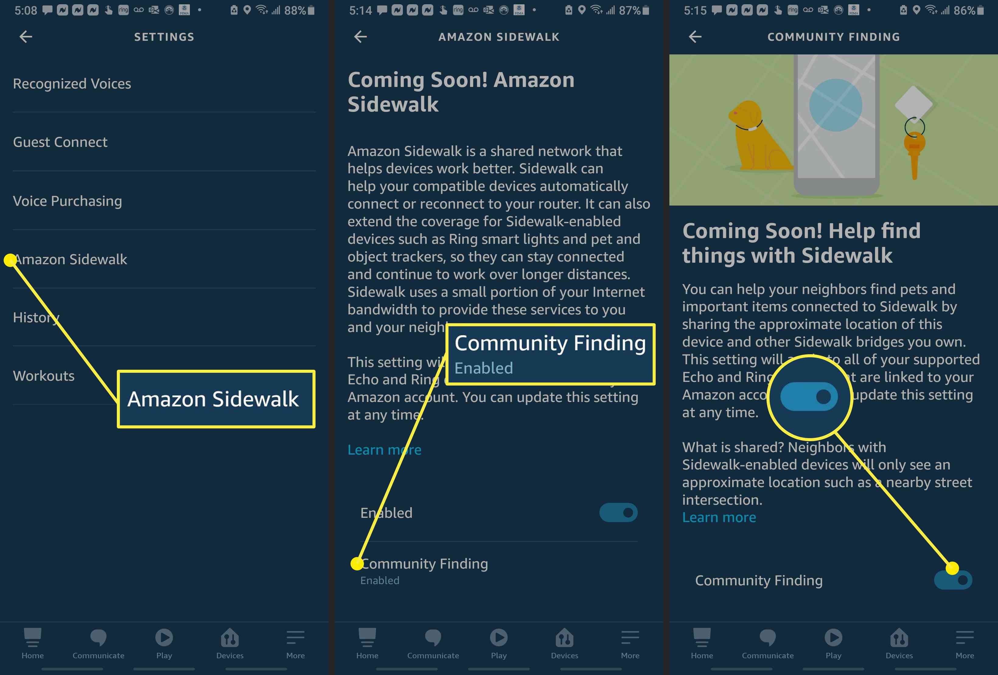 Screenshots van de Alexa-app die laten zien hoe je Community Finding kunt uitschakelen.